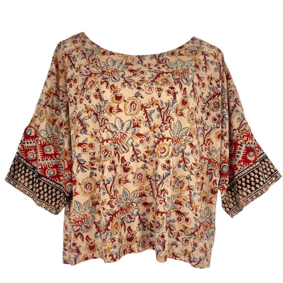 Pure Jill Womens Petite M Floral Print Boho Top 100% Organic Cotton Boxy Dolman - Picture 1 of 13